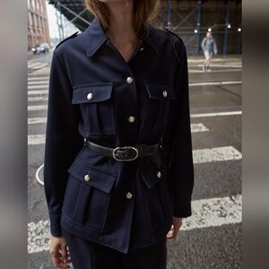 Zara NWT Navy Safari Style Utility Jacket with Belt And Patch Pockets